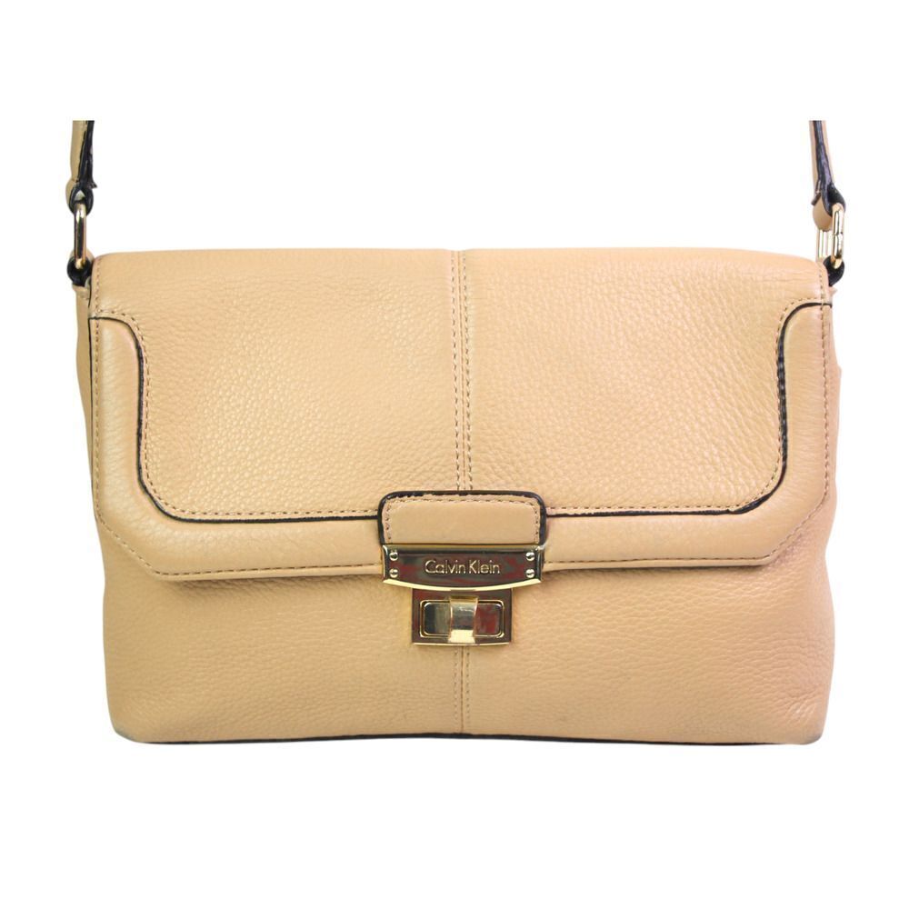 Calvin Klein BEIGE REAL LEATHER FLAP TURN LOCK X-BODYβSHOULDER BAG HANDBAG PURSE